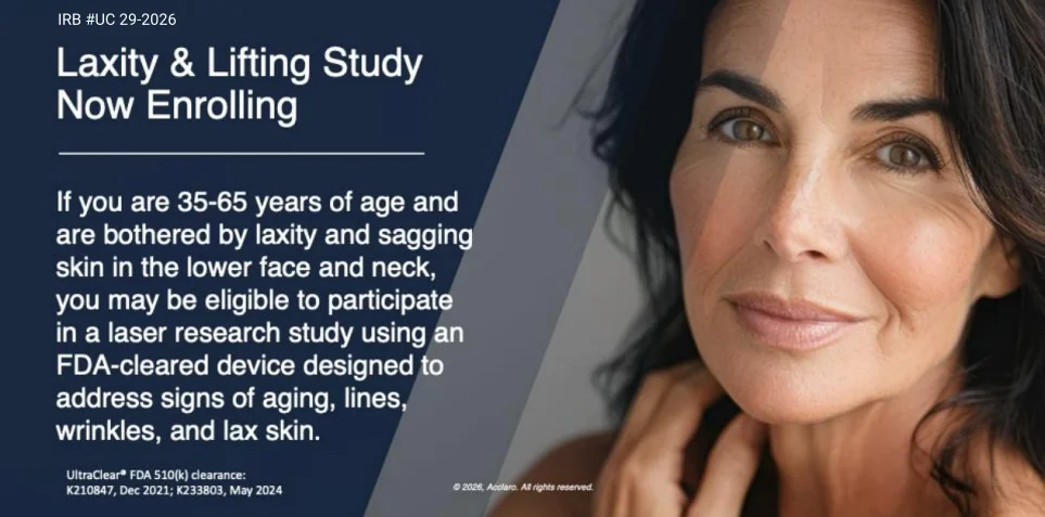 Graphic showing information regarding the Ultraclear Study at Dermatology and Laser Surgery Center
